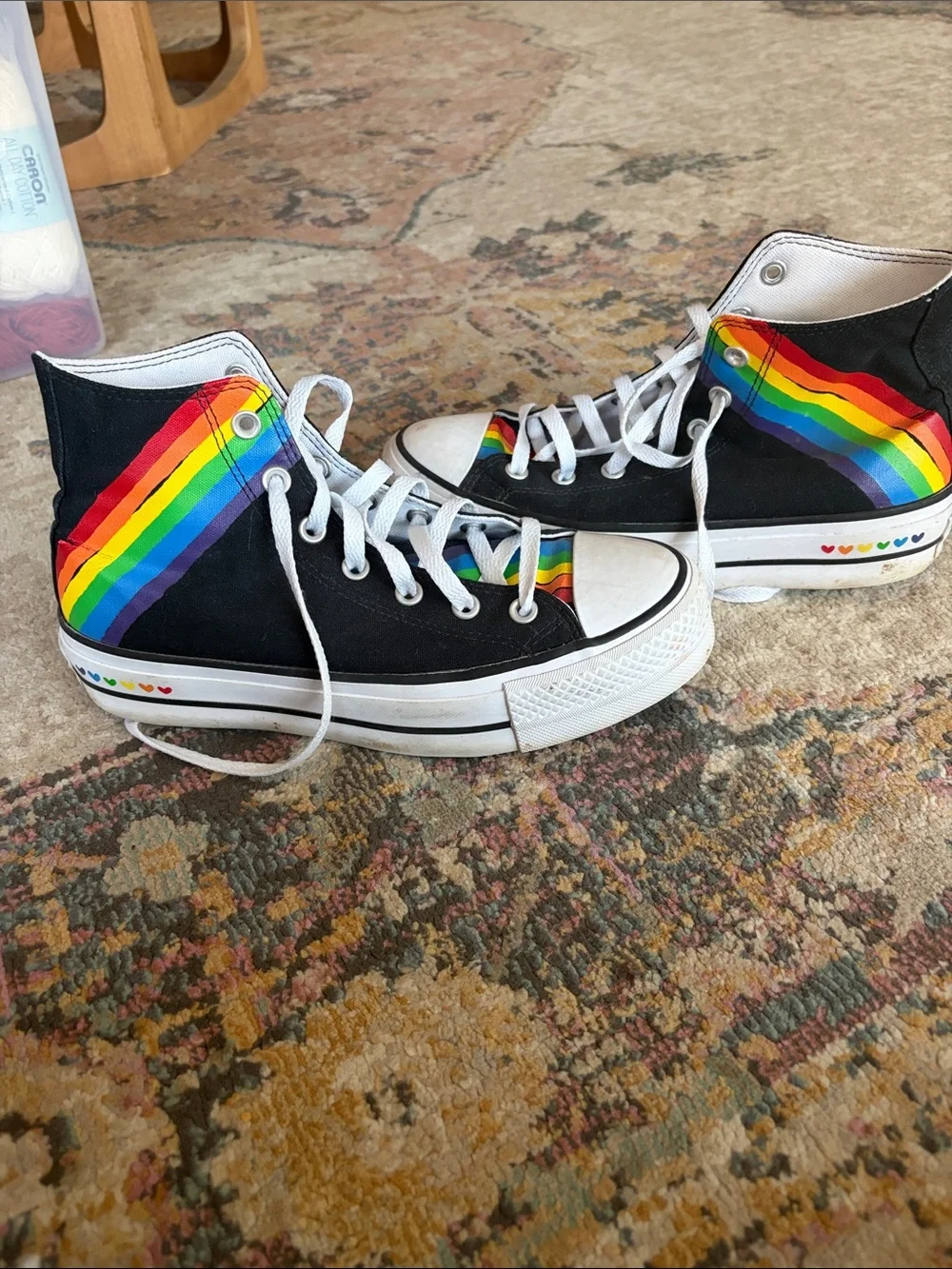 Converse Black High-Top Sneakers with Rainbow Stripe Tongue - Picture 3 of 5